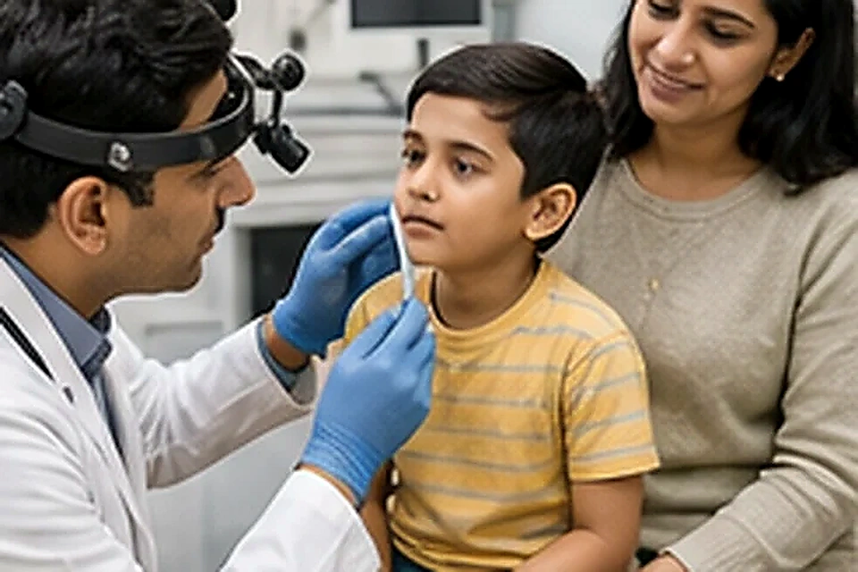 Pediatric ent examination related to Endolaryngoscopy (Throat Endoscopy) at Nadhira Cosmo Clinic, Avadi