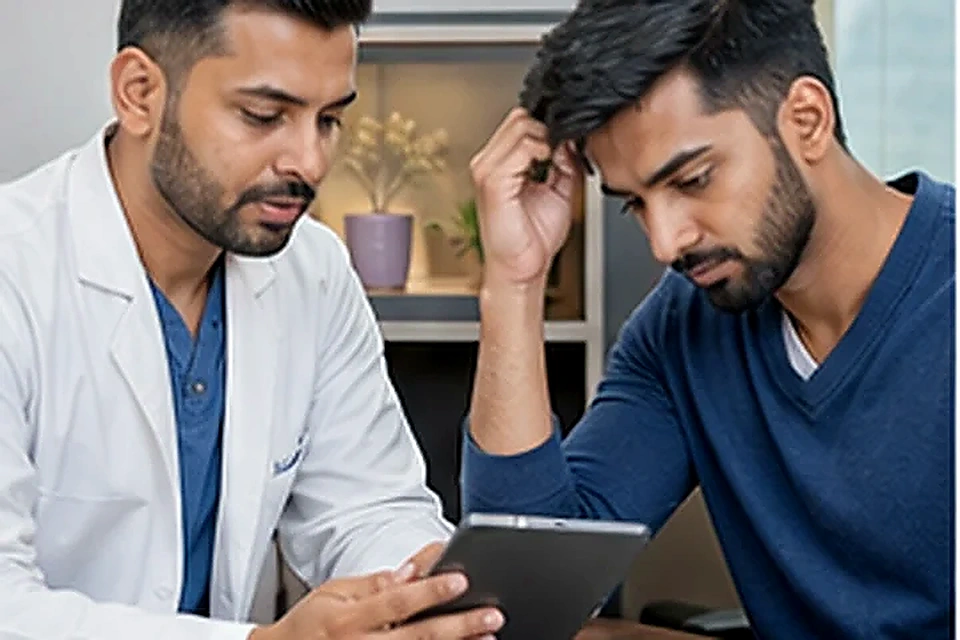Man discussing receding hairline related to Full Body Laser Hair Removal at Nadhira Cosmo Clinic, Avadi