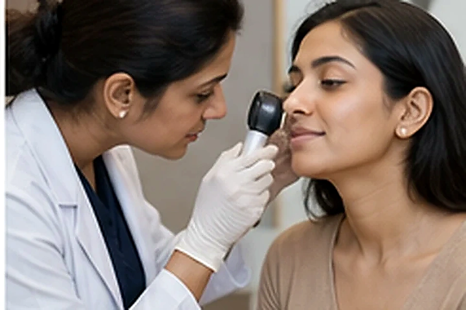 Dermatologist examining skin related to Feel Confident in Your Skin at Nadhira Cosmo Clinic, Avadi